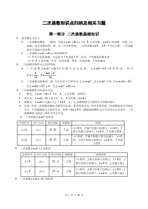 二次函数知识点归纳及相关习题(含答案)