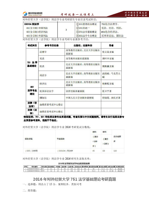 2018年对外经济贸易大学刑法学专业考研招生专业目录、参考书目、复试分数线、录取名单、专业课历年真题