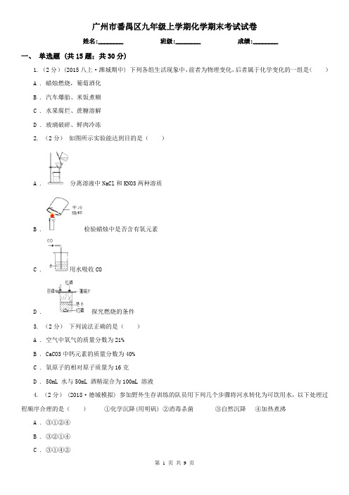 广州市番禺区九年级上学期化学期末考试试卷