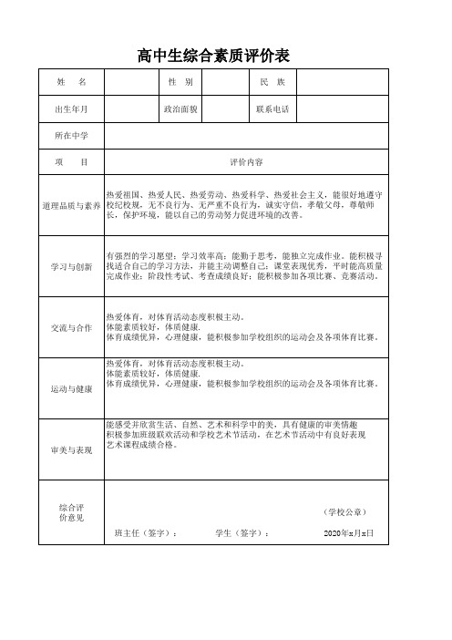 自主招生综合素质评价表