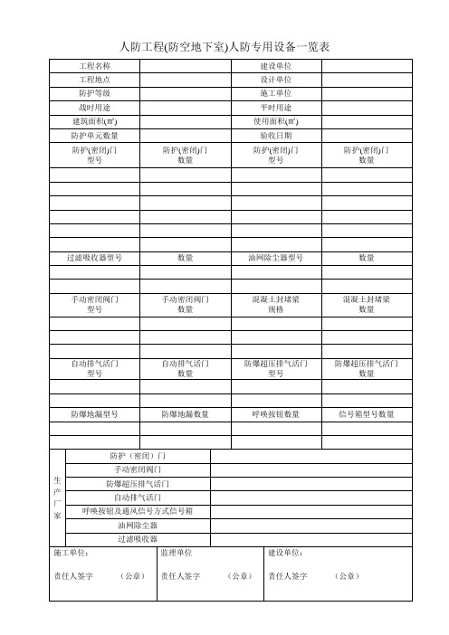 人防工程(防空地下室)人防专用设备一览表