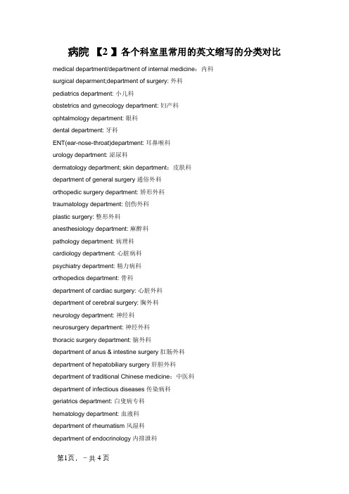 医院各个科室里常用的英文缩写的分类对照表