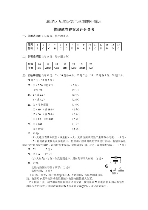 初三物理中考一模试题答案定稿(海淀)-2018-5-3