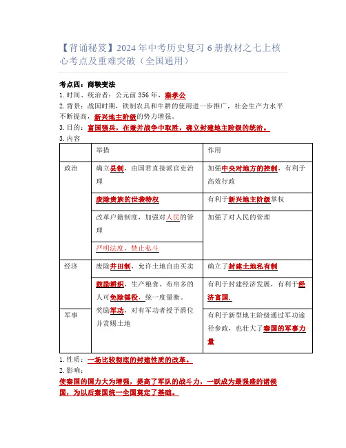 【背诵秘笈】2024年中考历史复习6册教材之七上核心考点及重难突破(全国通用)