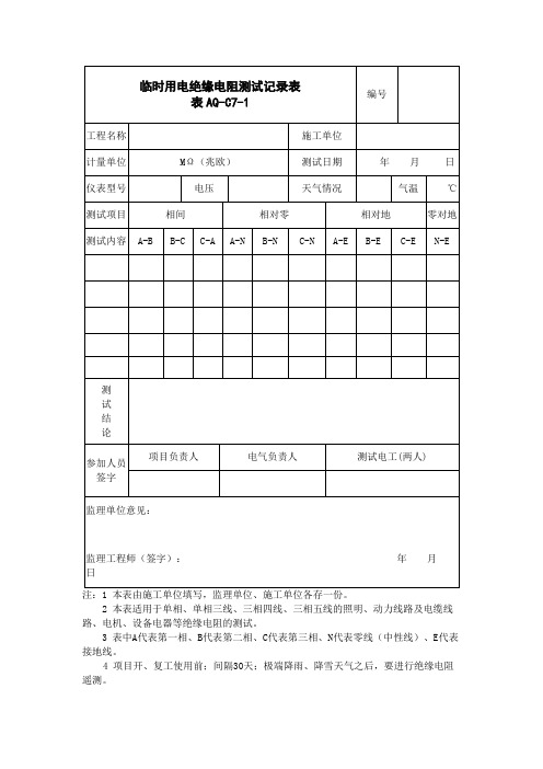 临时用电绝缘电阻测试记录表