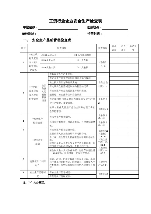 工贸行业企业安全生产检查表