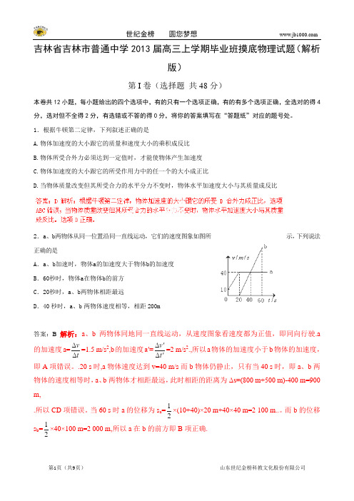 吉林省吉林市 普通中学2013届高三高考模拟理综 物理试题(物理,解析版)