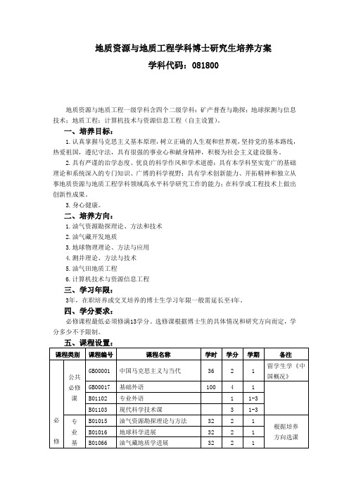 地质资源与地质工程学科博士研究生培养方案