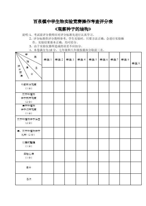 观察种子的结构实验操作考查评分表