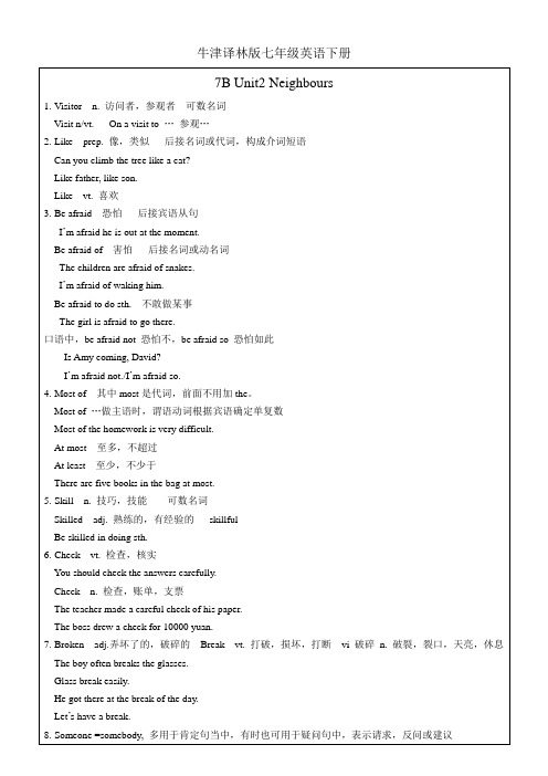 牛津译林版七年级英语下册  Unit2 单元知识点总结