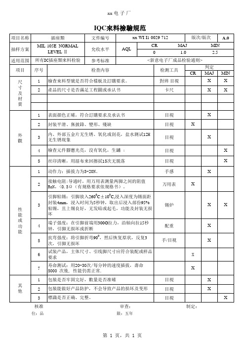 DC插座来料检测规范