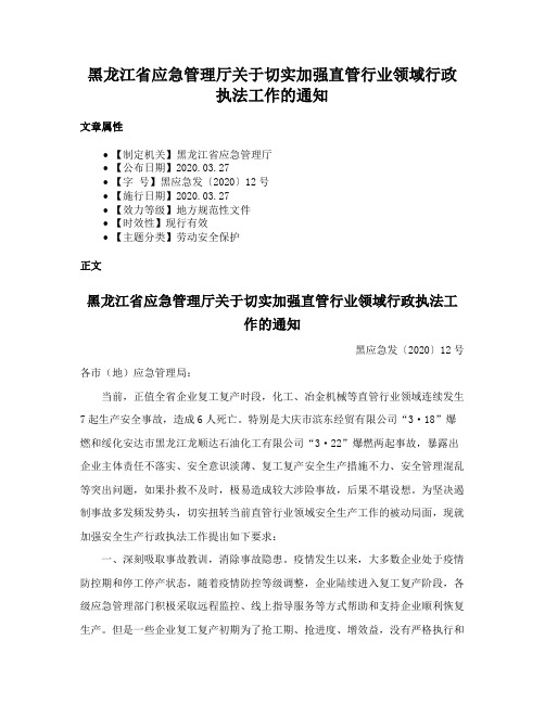 黑龙江省应急管理厅关于切实加强直管行业领域行政执法工作的通知