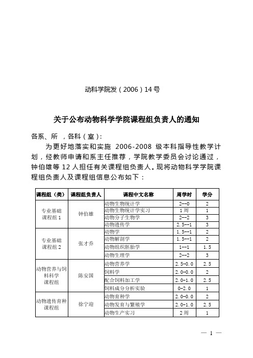 动科学院发(2006)14号关于公布动物科学学院课程组负责人的通知