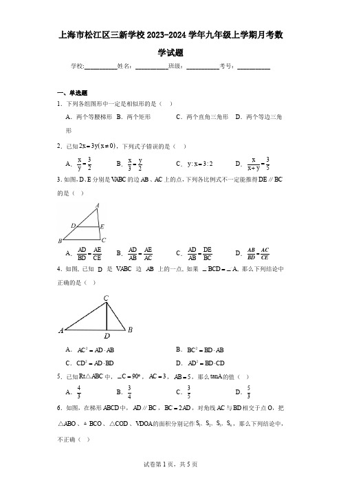 上海市松江区三新学校2023-2024学年九年级上学期月考数学试题