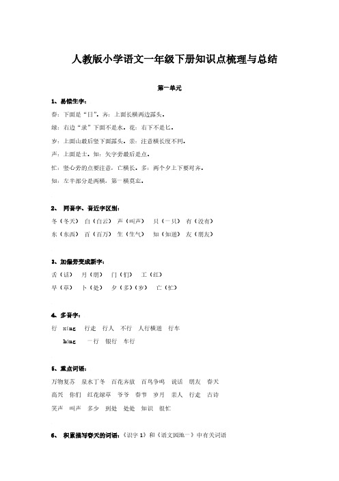 人教版小学语文一年级下册知识点梳理与总结