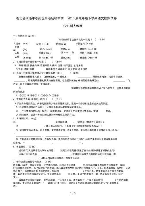 湖北省孝感市孝南区肖港初级中学届九级语文下学期模拟试卷