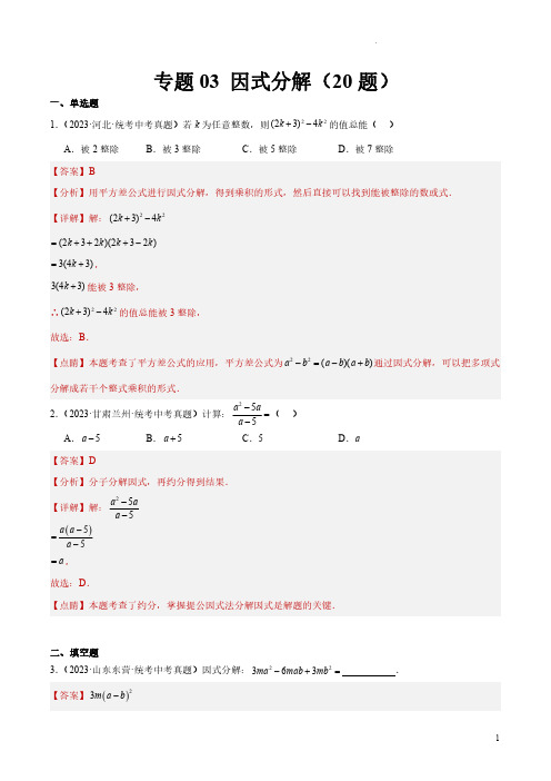 专题03 因式分解(共20题)(解析版)-2023年中考数学真题分项汇编(全国通用)