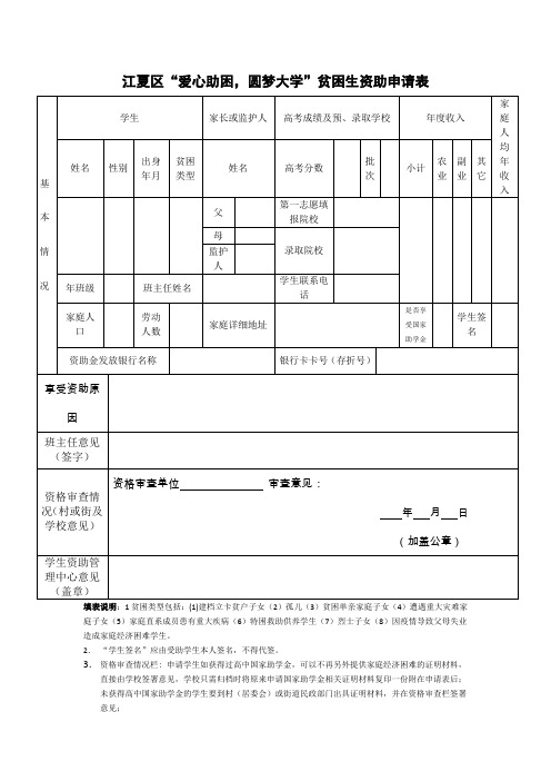 江夏区“爱心助困,圆梦大学”贫困生资助申请表