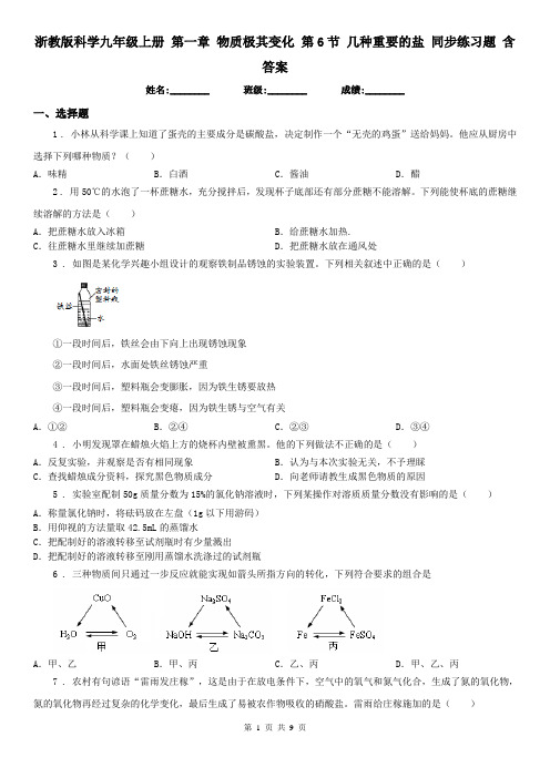 浙教版科学九年级上册 第一章 物质极其变化 第6节 几种重要的盐 同步练习题 含答案