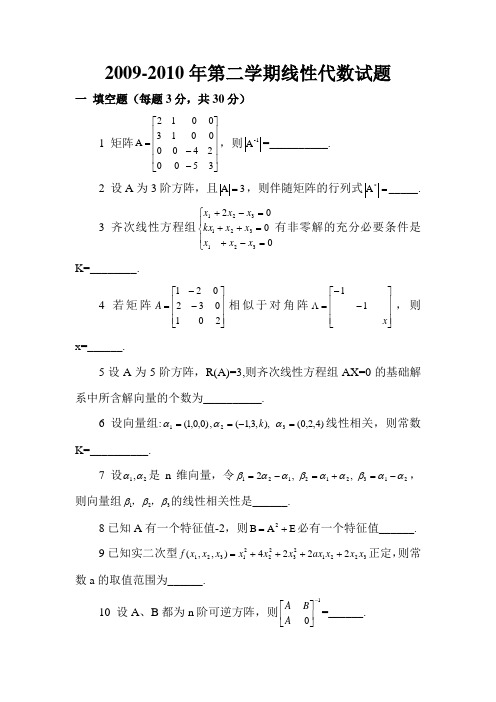 2009-2010学年第二学期山东理工大学线性代数期末考试试题及参考答案