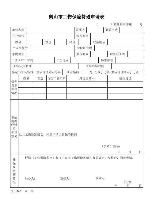 工伤保险待遇申请表