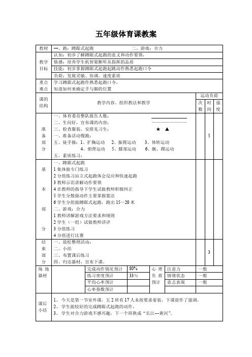 小学五年级体育课教案全集