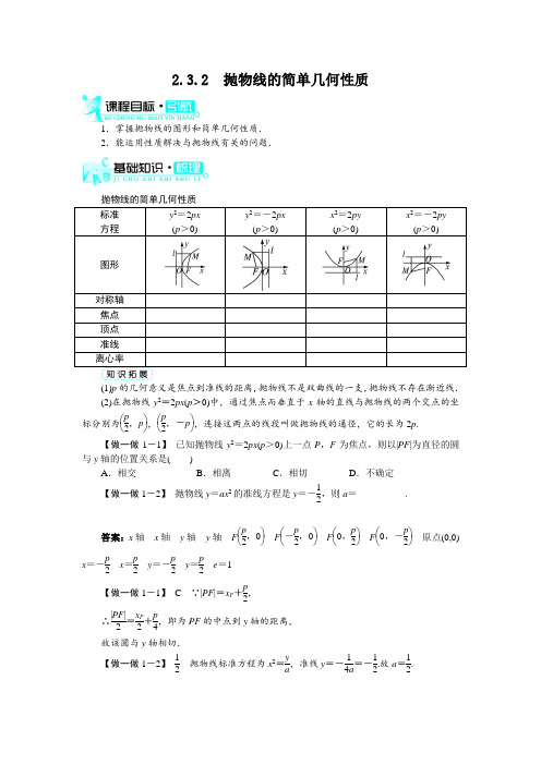 最新人教版高中数学选修1-1《抛物线的简单几何性质》梳理探究