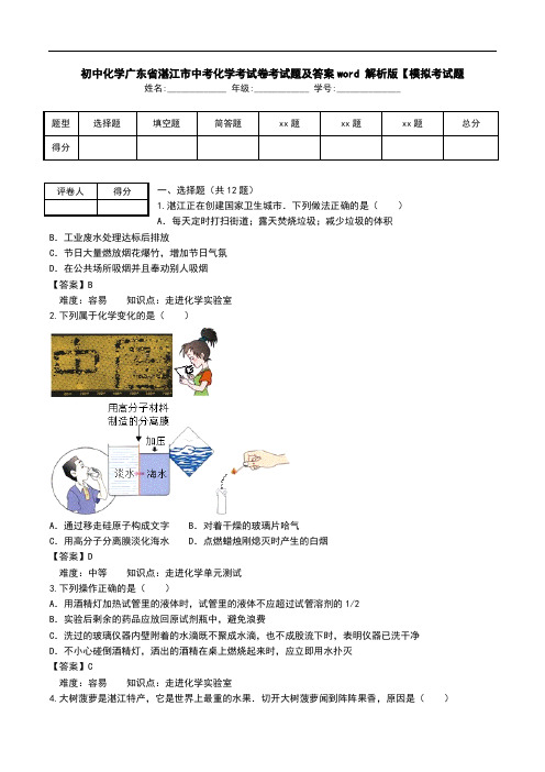 初中化学广东省湛江市中考化学考试卷考试题及答案word 解析版【模拟考试题.doc