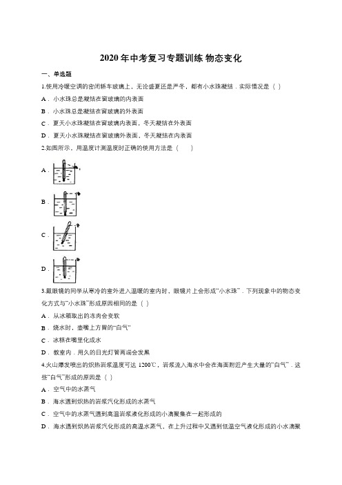 2020年中考复习专题训练 物态变化(含答案)