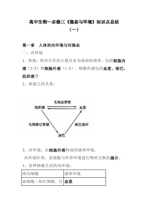 高中生物—必修三《稳态与环境》知识点总结(一)