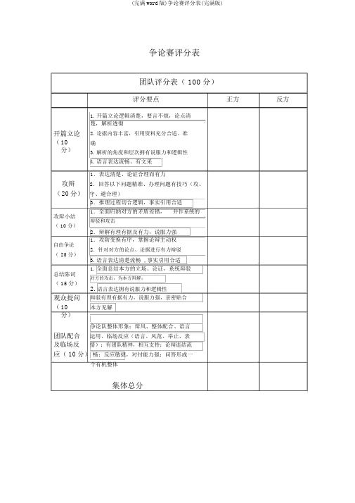 (完整word版)辩论赛评分表(完整版)