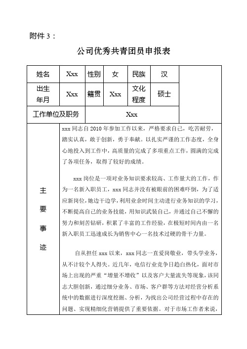 优秀共青团员申报表