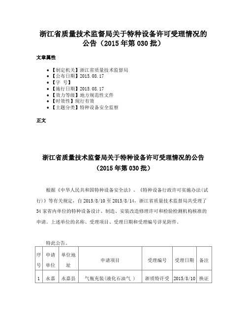 浙江省质量技术监督局关于特种设备许可受理情况的公告（2015年第030批）