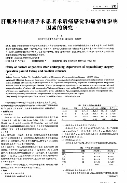 肝胆外科择期手术患者术后痛感觉和痛情绪影响因素的研究