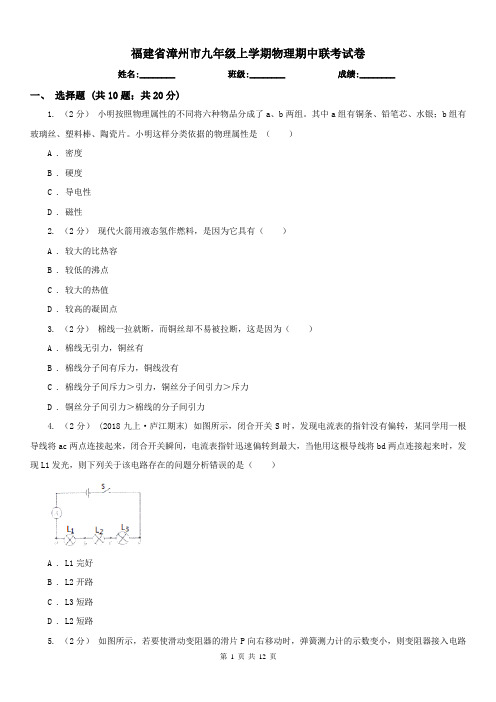 福建省漳州市九年级上学期物理期中联考试卷