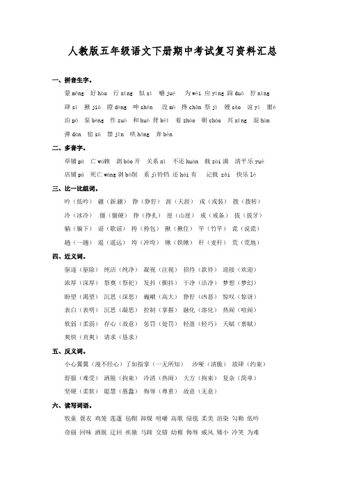 人教版五年级语文下册期中考试复习资料汇总