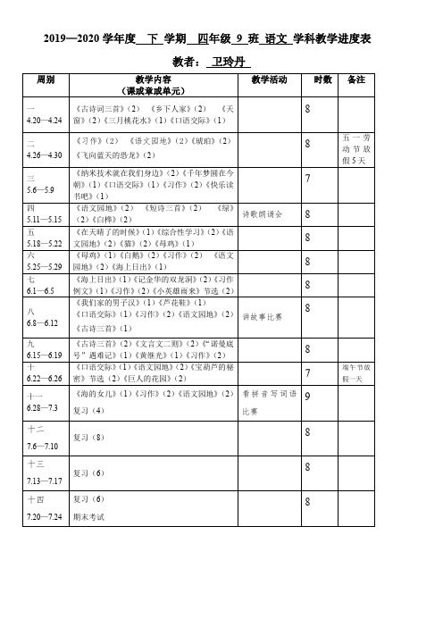 语文部编版四年级下册四下教学进度表