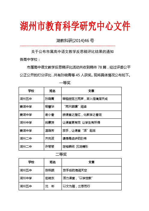 湖教科研[2014]46号关于公布市属高中语文教学反思稿评比结果的通知