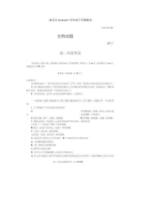 山东省泰安市2016-2017学年高一下学期期末考试生物测试题扫描版含答案