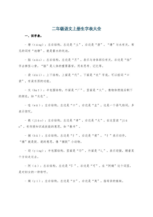 二年级语文上册生字表大全