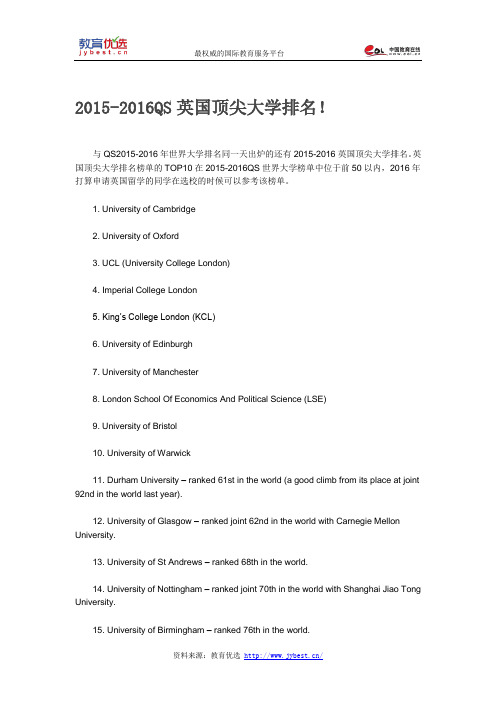 2015-2016QS英国顶尖大学排名!