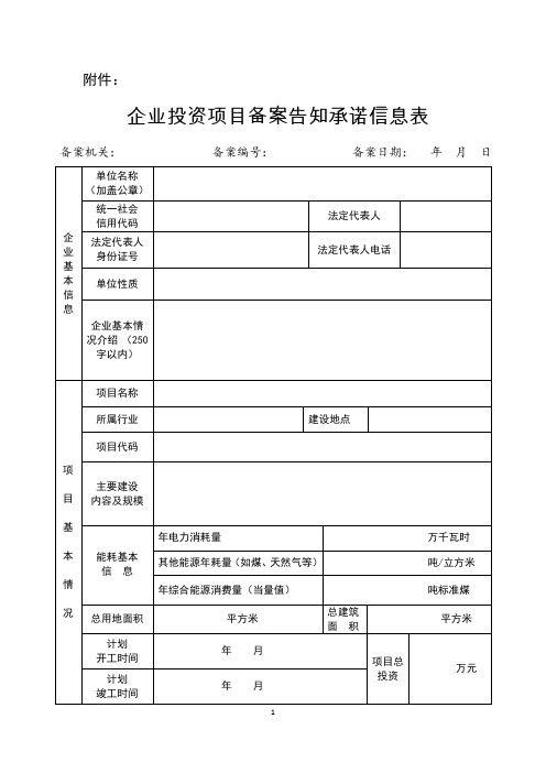 企业投资项目备案告知承诺信息表