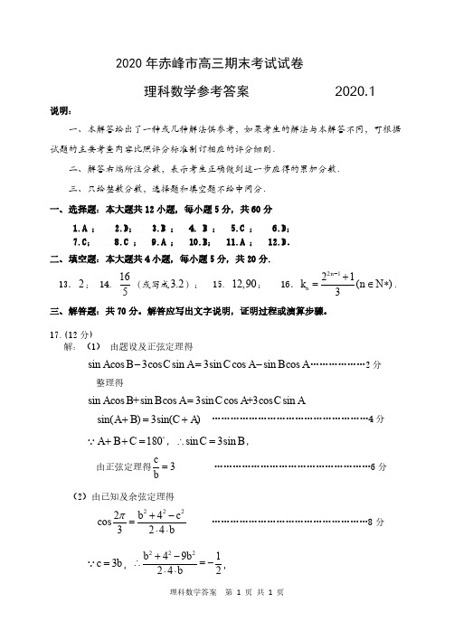 2020年1月内蒙古赤峰市2020届高三上学期期末考试数学(理)试卷参考答案