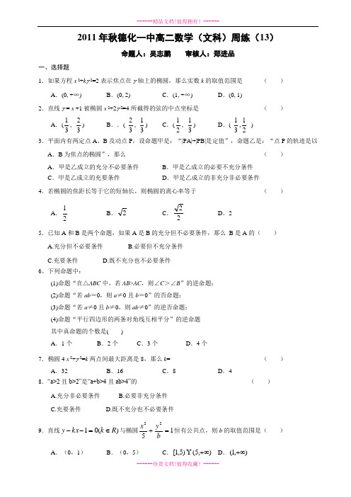 秋季德化一中高二数学(文科)周练(13)(常用逻辑用语、圆锥曲线与方程)