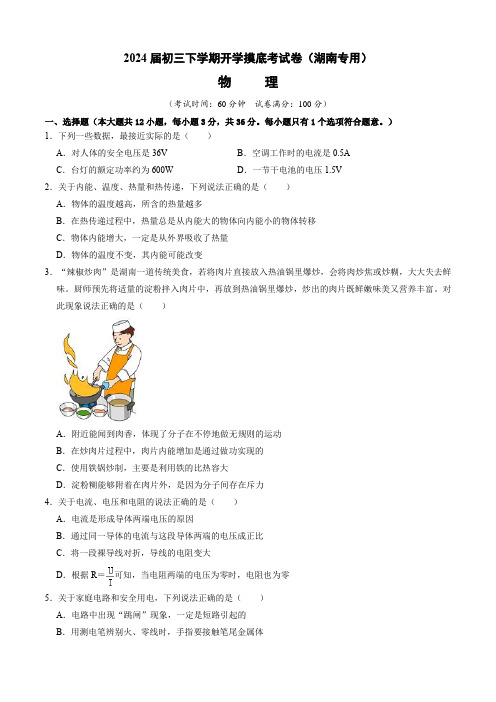 2023-2024学年下学期九年级物理开学摸底考(湖南专用)01(考试版)