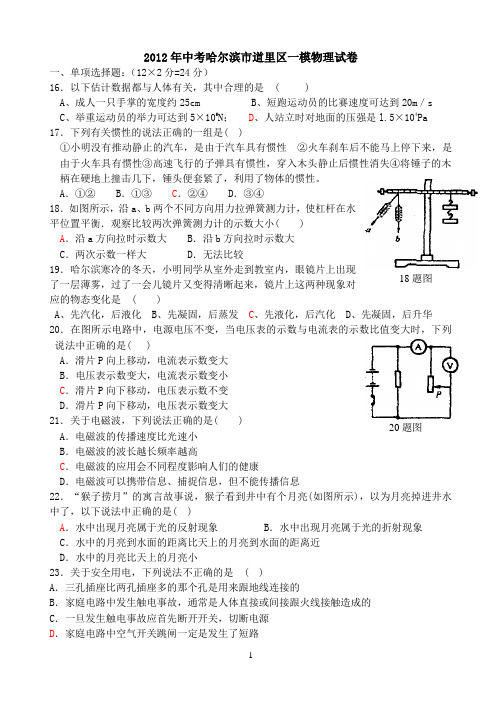 2012年中考哈尔滨市道里区一模物理试卷及答案