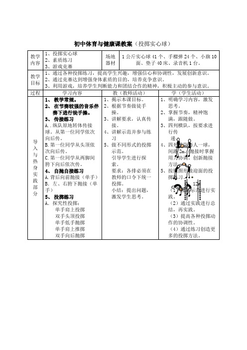 初中体育与健康课教案投掷实心球