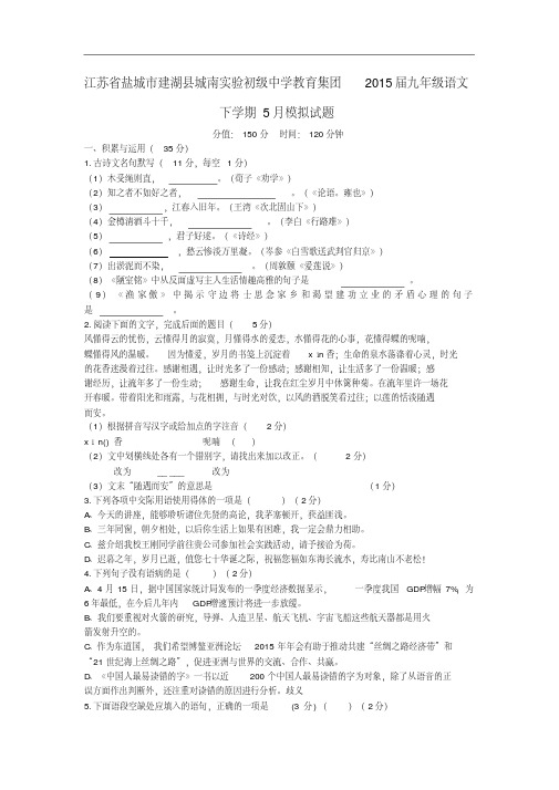 江苏省盐城市建湖县城南实验初级中学2015届九年级下语文5月模拟试题及答案