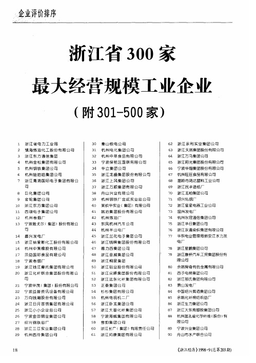 浙江省300家最大经营规模工业企业(附301—500家)