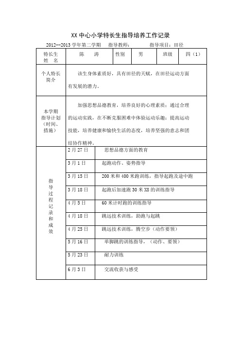 小学特长生指导培养工作记录